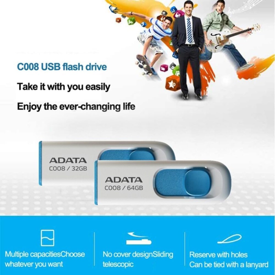 Stick de Memorie USB 2.0 FlashDrive, 64GB, Adata, AC008, Alb - 2 | YEO