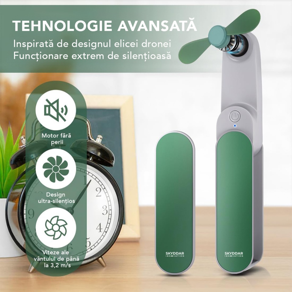 Ventilator Portabil Mini, de Poseta, de Birou, de Mana, Silentios, Pliabil, 1200mAh, SKDR NiniFan - Verde - 1 | YEO