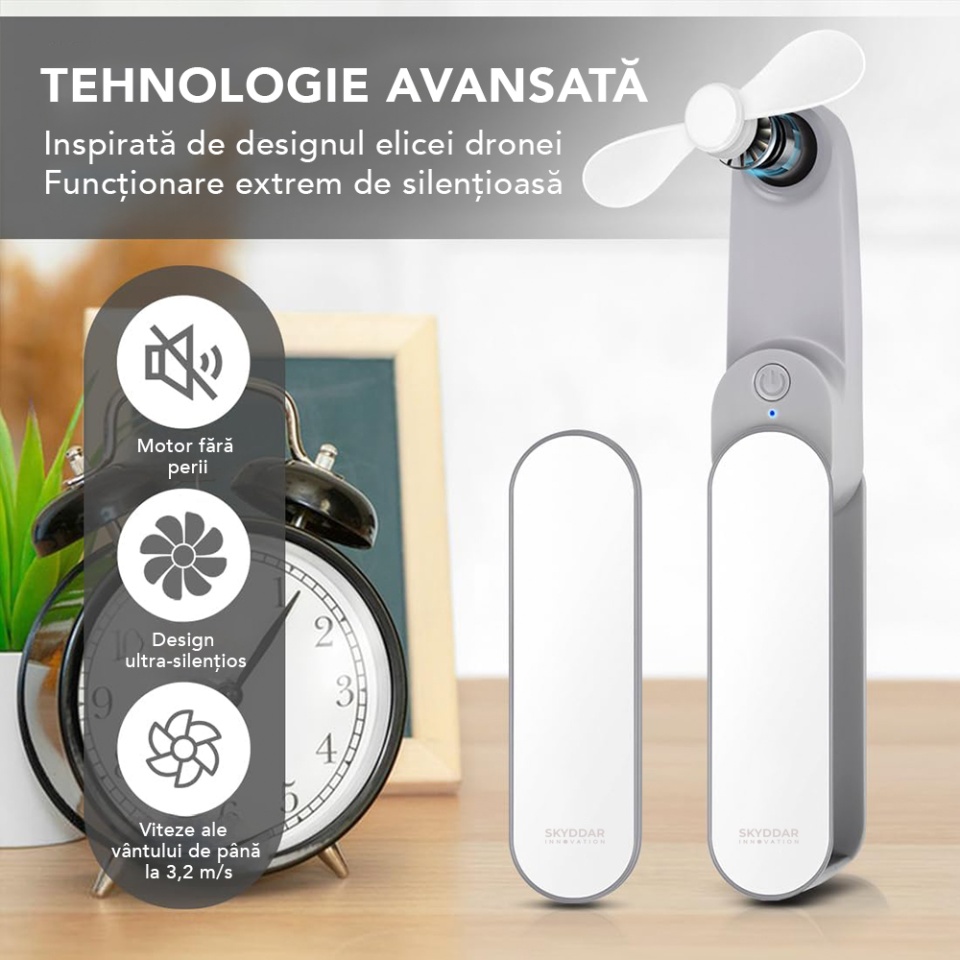 Ventilator Portabil Mini, de Poseta, de Birou, de Mana, Silentios, Pliabil, 1200mAh, SKDR NiniFan - Alb - 3 | YEO
