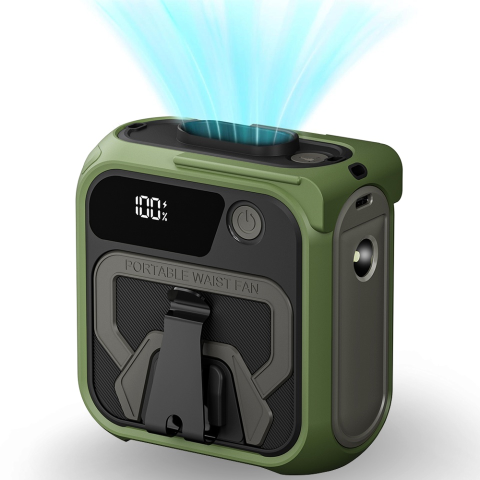 Ventilator Portabil Turbo Z13, 5 Viteze, 10000mAh, Incarcare Rapida, Suport Metalic, Lanterna si Power Bank, Verde