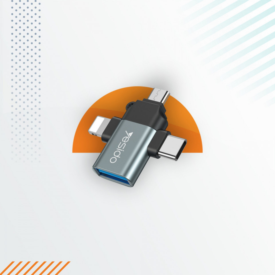 Adaptor USB 3.0 la Lightning, Micro-Usb, Type-C, 480Mbps, Yesido (GS15) - Negru - 2 | YEO