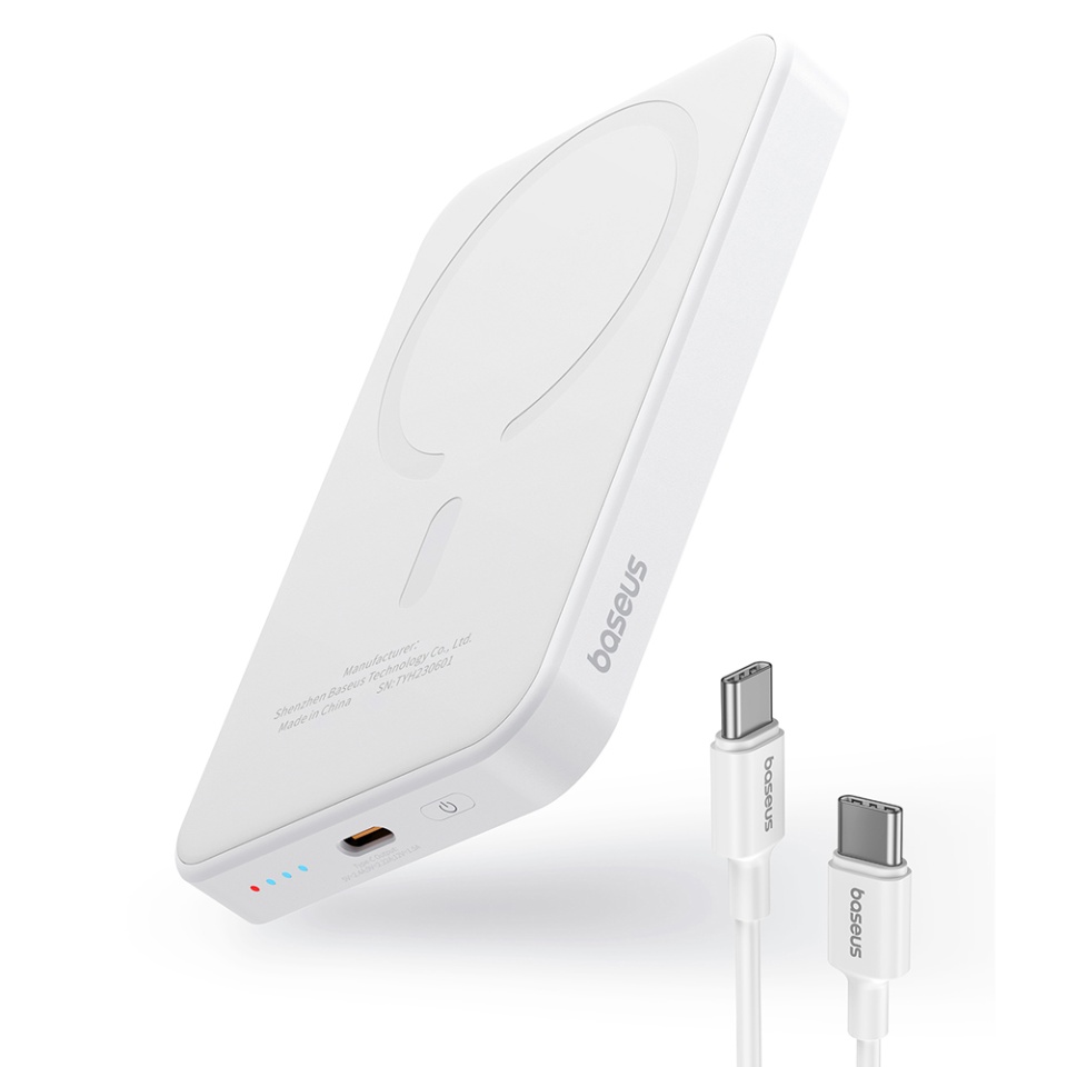 Baterie Externa, Baseus, Magnetica, Incarcare Rapida, MagSafe, USB-C, 5000mAh, 20W, Magnetic Mini, Alb