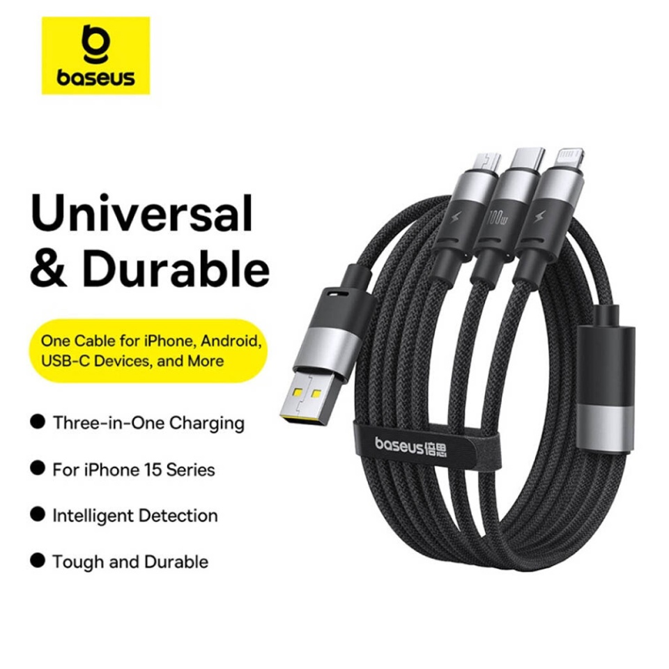 Cablu de Date 3in1 USB la Type-C, Lightning, MicroUSB, 100W, 1.5m, Baseus StarSpeed, Alb - 2 | YEO