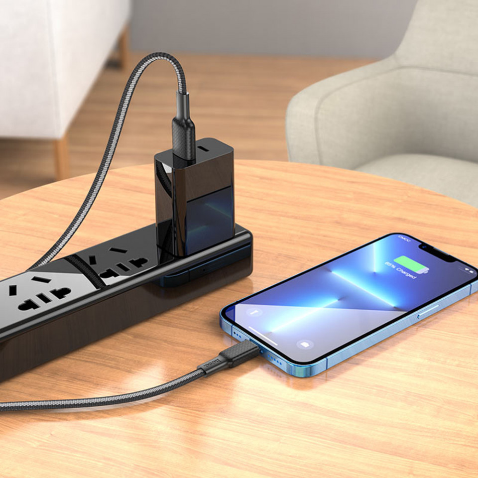 Cablu de date (X69 Jaeger), USB-A to Lightning, 12W, 2.4A, 1.0m, HOCO - Negru / Alb - 2 | YEO