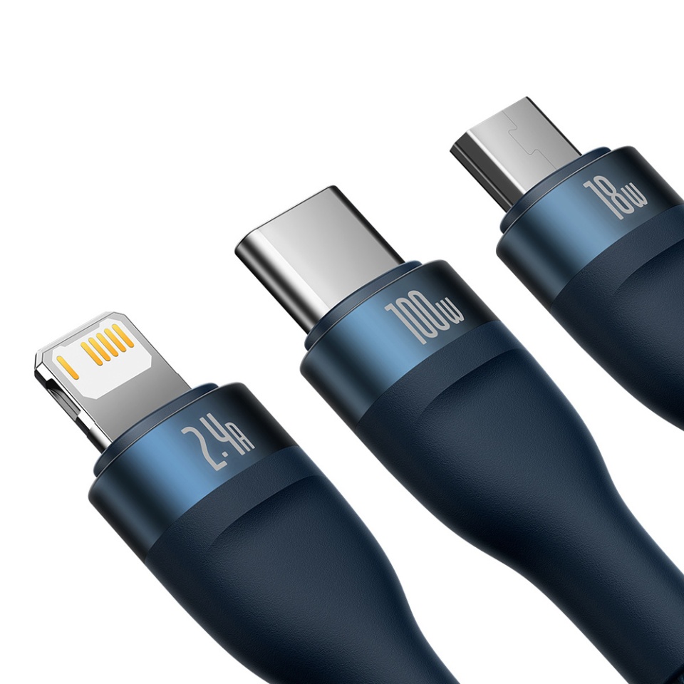Cablue de Incarcare / Date 3in1 USB la Type-C, Lightning, Micro-USB, 100W, 1.2m, Baseus, Flash Series 2, Albastru - 3 | YEO