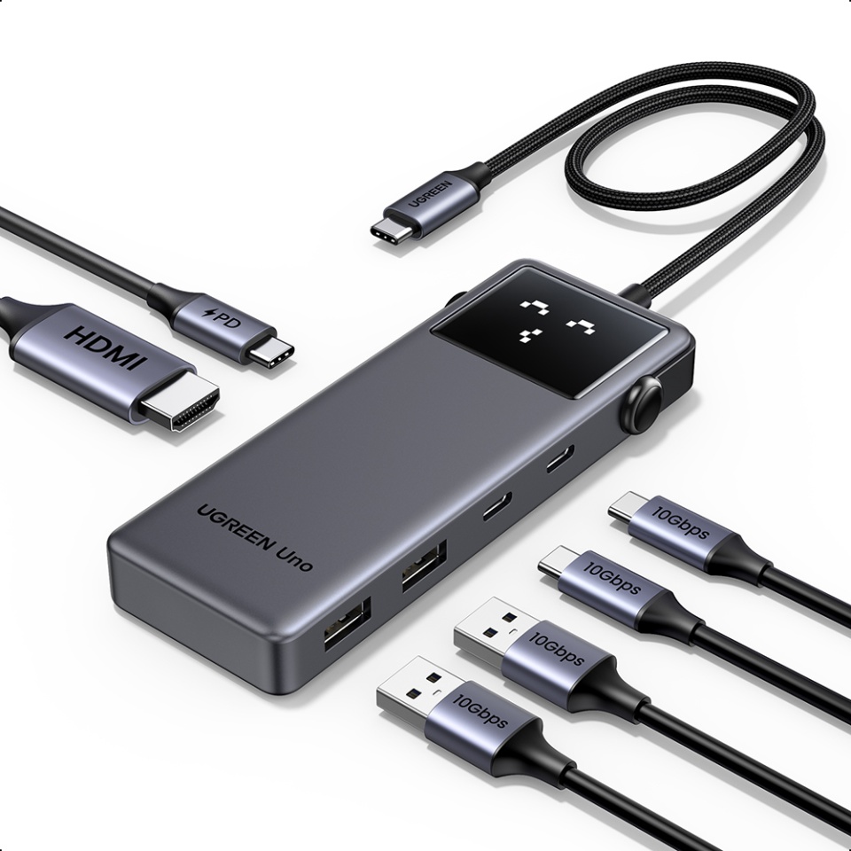 Docking Station 6in1 Type-C la 2x USB, 2x Type-C, HDMI, 10GB/s, 4K, 100W, SD/TF, Display LED, Ugreen CM888, Negru