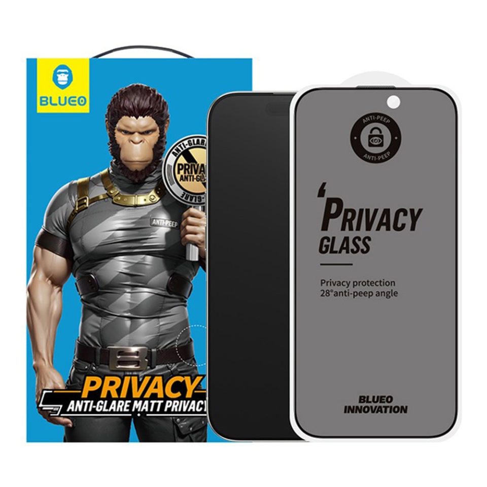 Folie pentru iPhone 16 Pro, Blueo, Sticla Securizata, Ultra HD, Anti-Peep Privacy Glass, Privacy Mat