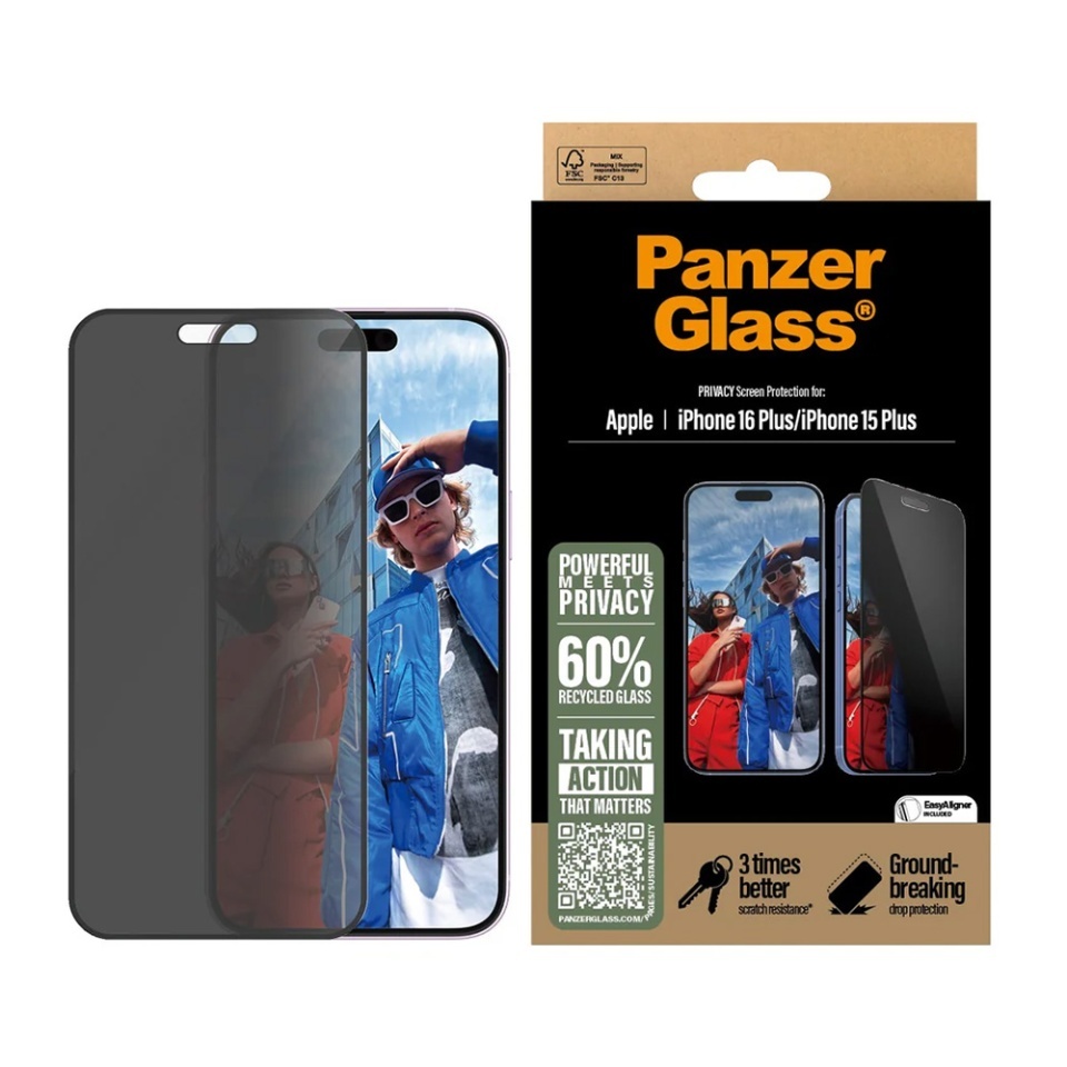 Folie Sticla pentru iPhone 15 Plus / 16 Plus, Ultra-Wide Fit w. EasyAligner, PanzerGlass, Anti-Soc si Anti-Bule, Transparent