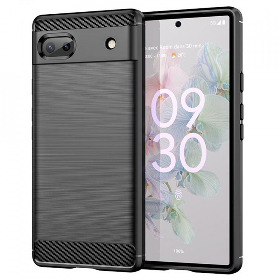 Husa Google Pixel 6A din silicon, Slim, cu textura Fibra Carbon - Negru
