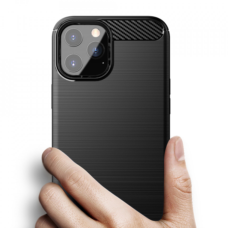 Husa iPhone 13 Pro din silicon, Slim, cu textura Fibra Carbon - Negru - 1 | YEO