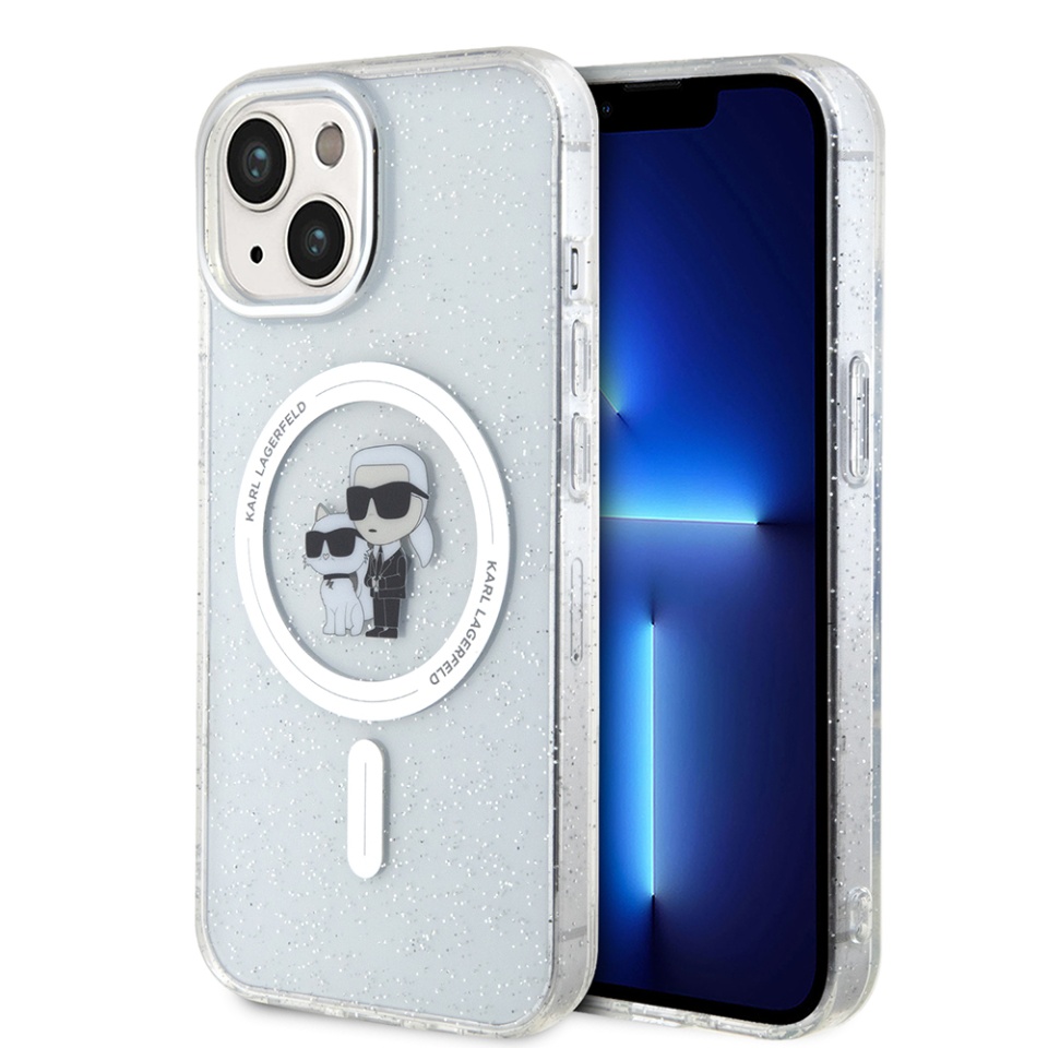 Husa iPhone 15 Plus / iPhone 14 Plus Glitter MagSafe, Karl Lagerfeld - Transparent Karl & Choupette