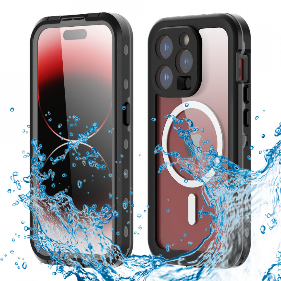Husa iPhone 15 Pro rezistenta la apa, Waterproof IP68, ShellBox - Negru