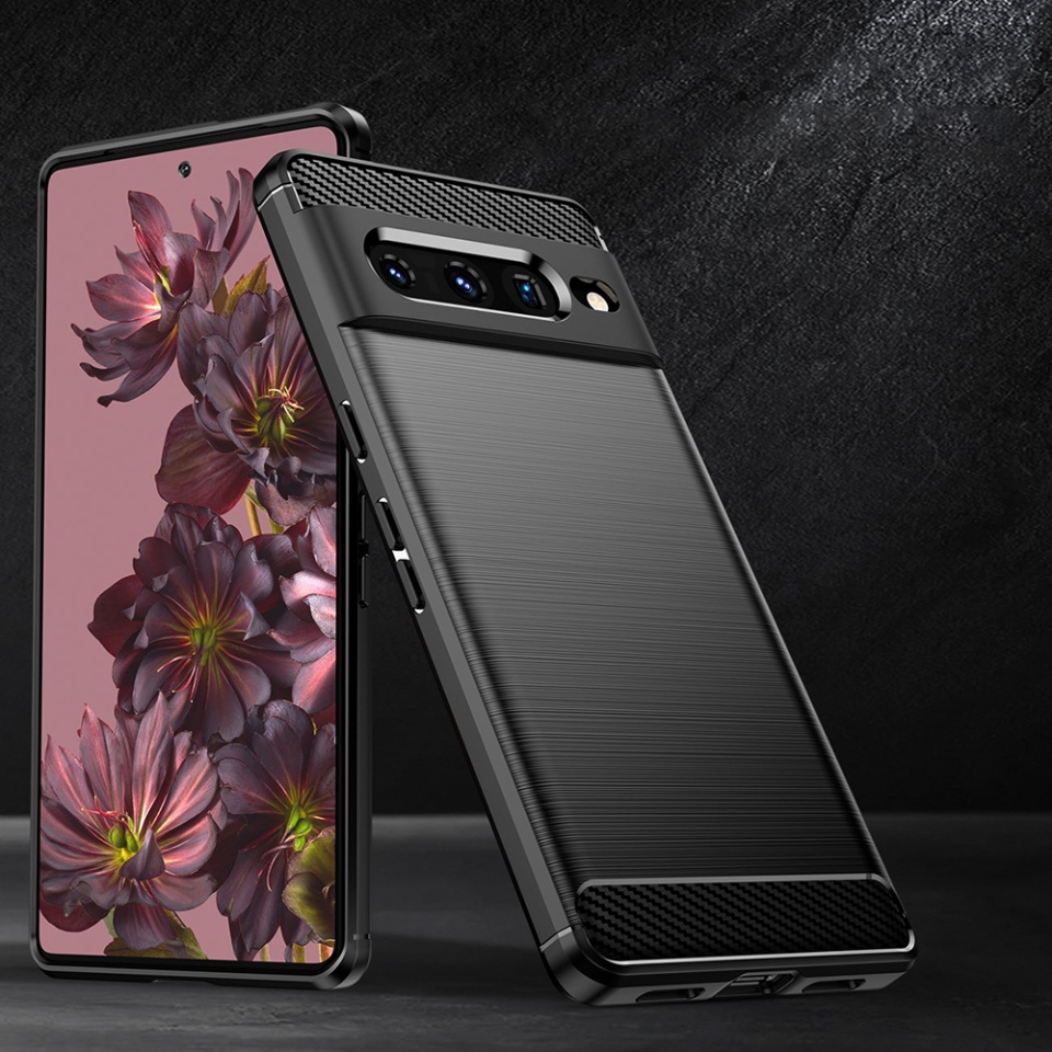 Husa pentru Google Pixel 7 Pro, SKYDDAR INNOVATION, Carbon Silicone, din Silicon Slim, cu textura Fibra Carbon, set cu sticker, Negru - 2 | YEO