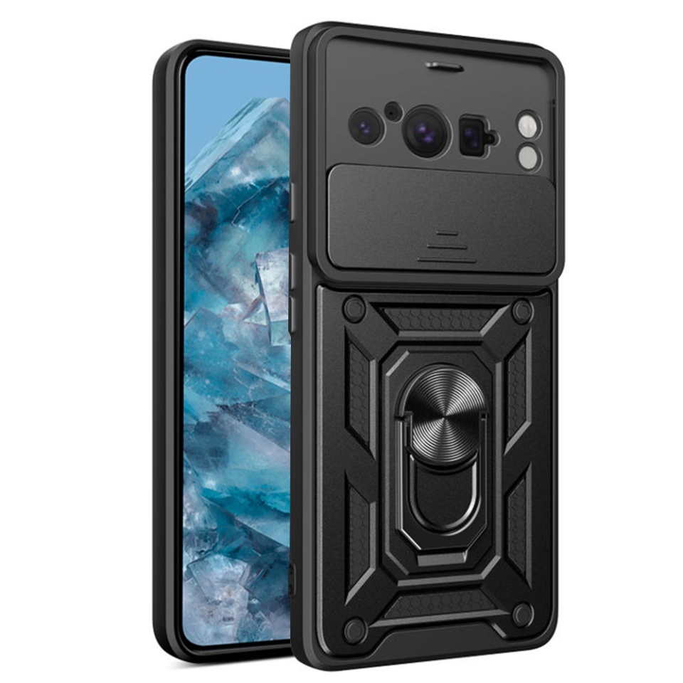 Husa pentru Google Pixel 8 Pro, SKYDDAR INNOVATION, CamShield, Inel magnetic, set cu sticker, Negru