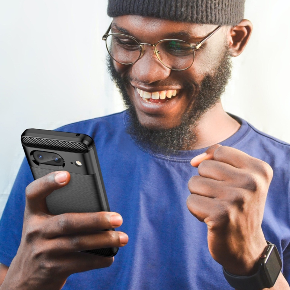 Husa pentru Google Pixel 8, SKYDDAR INNOVATION, Carbon Silicone, din Silicon Slim, cu textura Fibra Carbon, set cu sticker, Negru - 3 | YEO