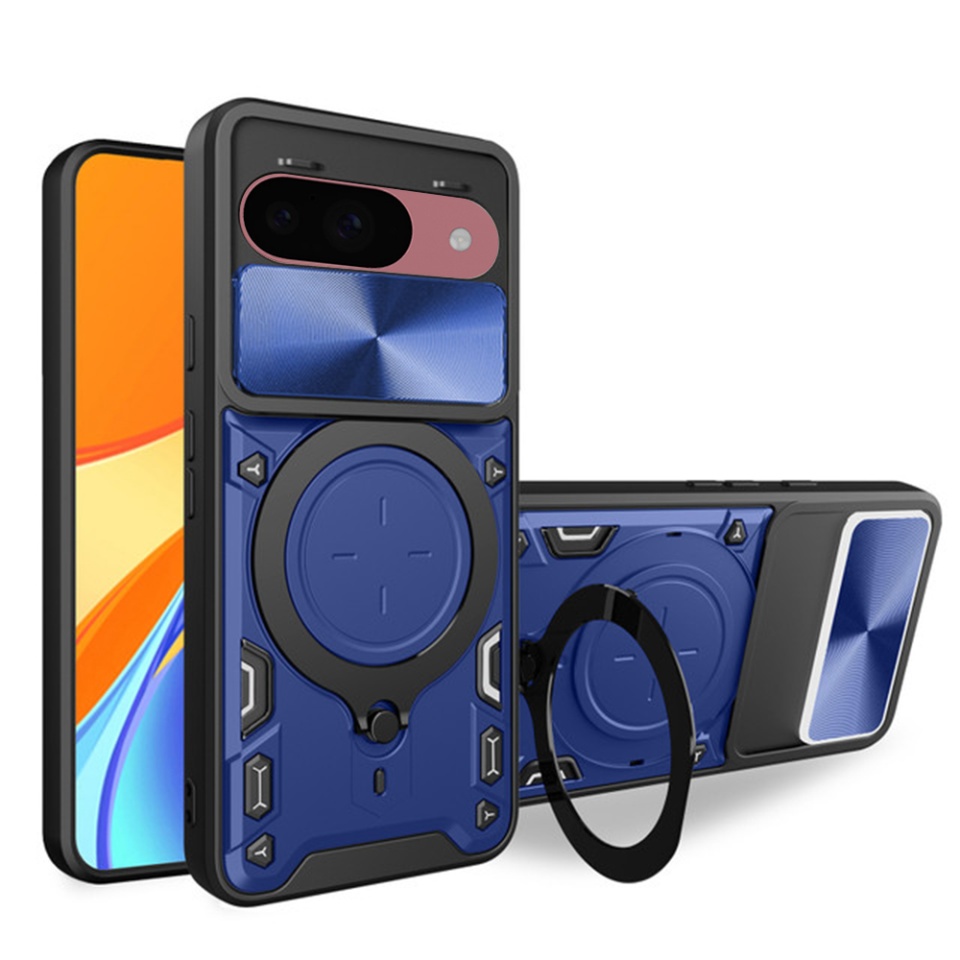 Husa pentru Google Pixel 9 / Pixel 9 Pro, cu inel magnetic si suport ajustabil, protectie completa camera, SKDR SafeCover - Albastru