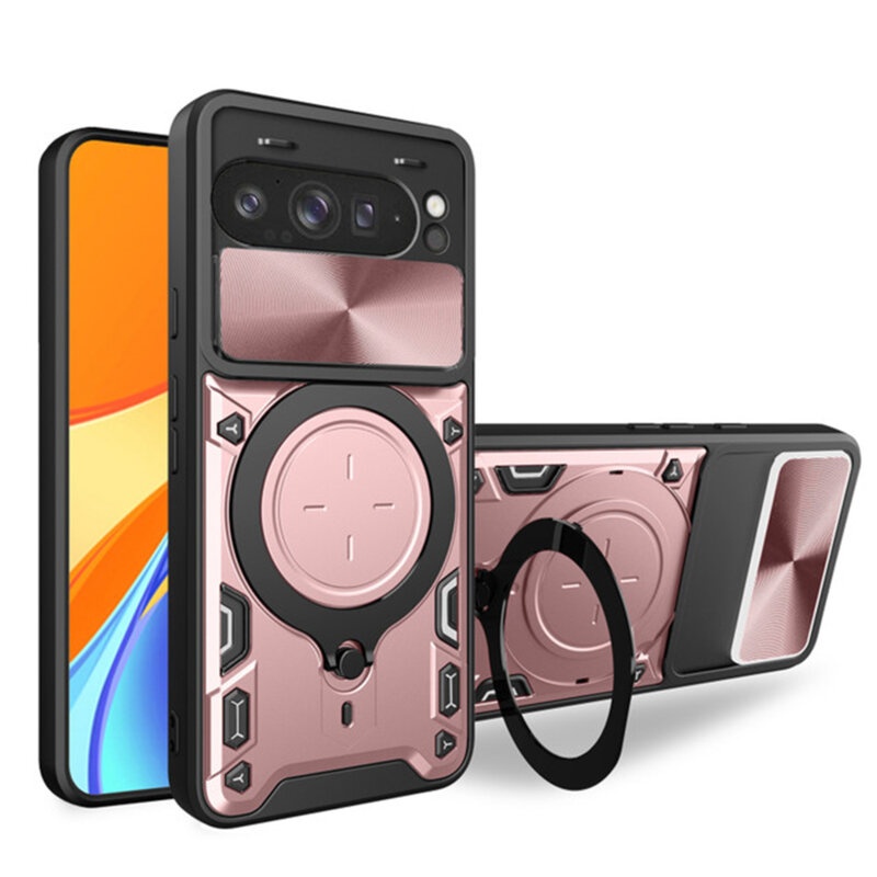 Husa pentru Google Pixel 9 Pro XL, cu inel magnetic si suport ajustabil, protectie completa camera, SKDR SafeCover - Roz auriu