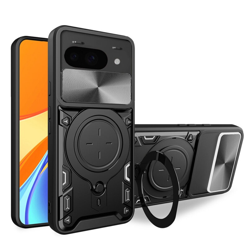 Husa pentru Google Pixel 9a, cu inel magnetic si suport ajustabil, protectie completa camera, SKDR SafeCover - Negru