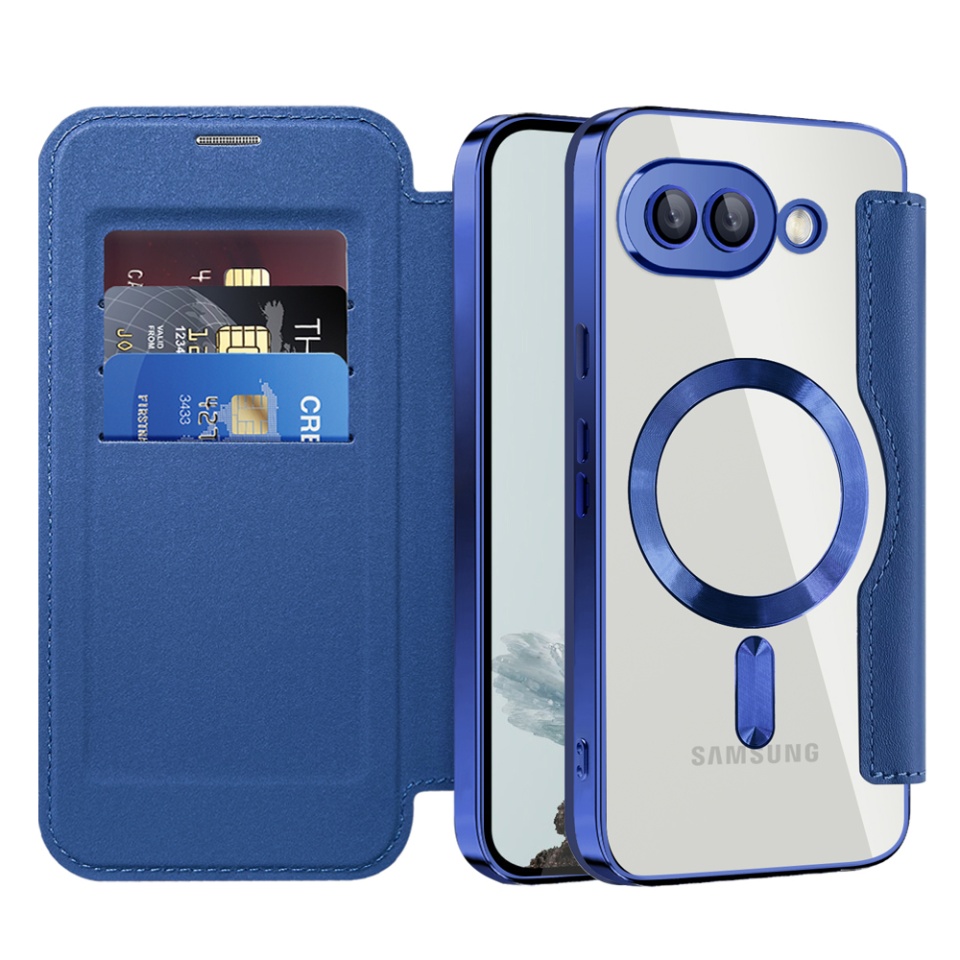Husa pentru Google Pixel 9a tip carte, SKYDDAR INOVATION, SmartMag Book, Magsafe, RFiD, Suport Carduri, set cu sticker, Albastru