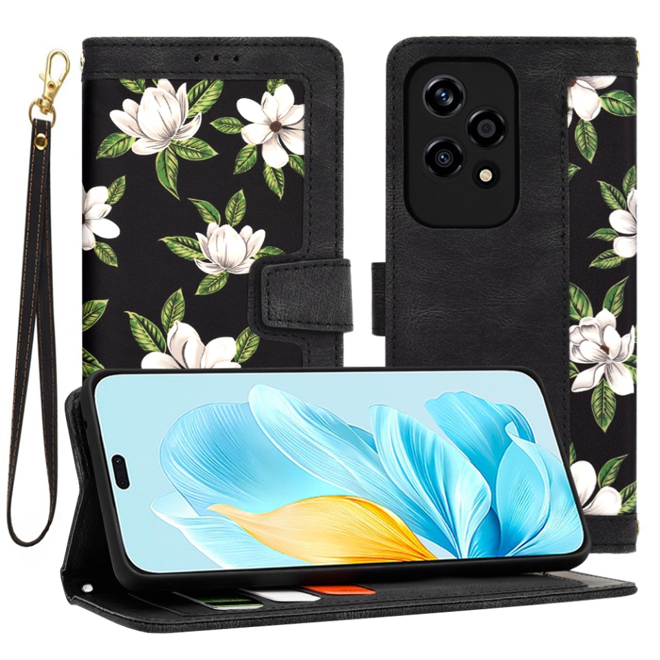 Husa pentru Honor 200 Lite din Piele Ecologică cu Design Floral, Protecție 360°, Stand Integrat, Buzunare pentru Carduri, SKDR Floral Wallet - Negru