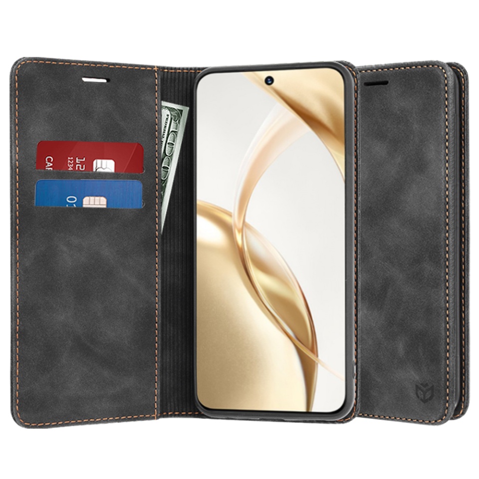 Husa pentru Honor 200, SKYDDAR INNOVATION, Soft Wallet, tip Carte din piele Eco Premium, cu Portofel Interior, Negru, set cu sticker