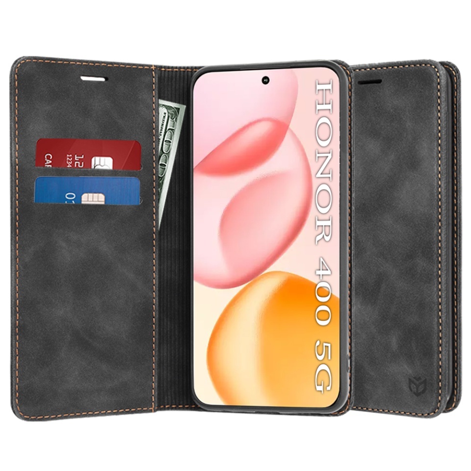 Husa pentru Honor 400, SKYDDAR INNOVATION, Confy Cover tip Carte din piele Eco Premium, cu Portofel Interior, set cu sticker, Negru