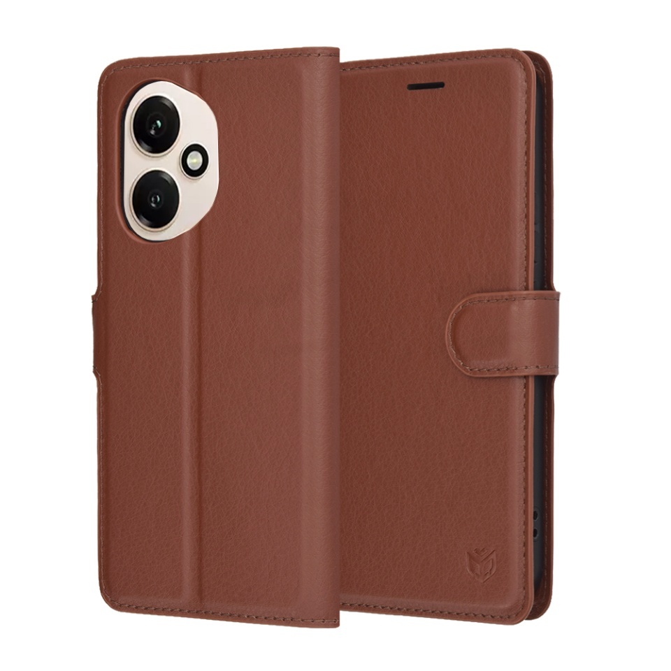 Husa pentru Honor 400, SKYDDAR INNOVATION, Leather Folio tip Carte, cu Portofel Interior, Finisaje Premium, set cu sticker, Maro