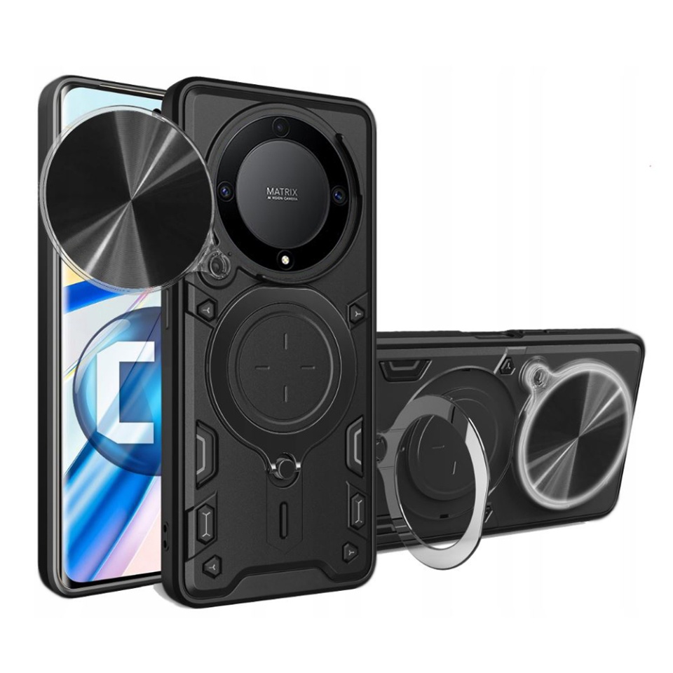 Husa pentru Honor Magic5 Lite, cu inel magnetic si suport ajustabil, protecție completa camera, SKDR SafeCover - Negru