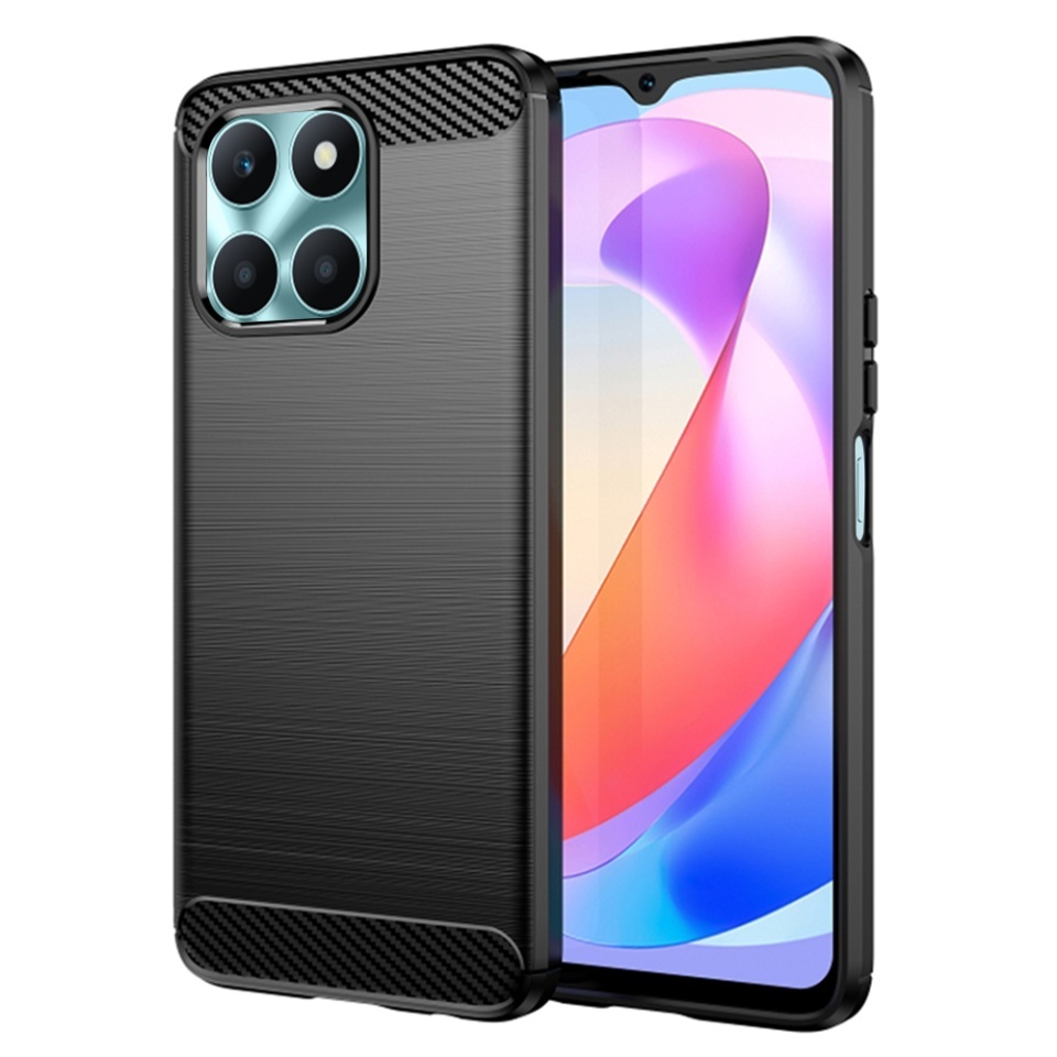 Husa pentru Honor X6a, SKYDDAR INNOVATION, Carbon Silicone, din Silicon Slim, cu textura Fibra Carbon, set cu sticker, Negru