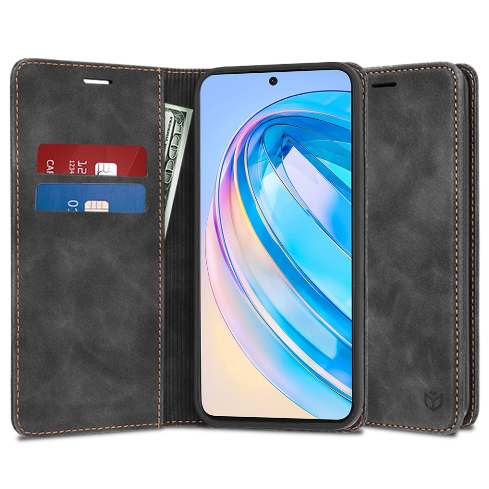 Husa pentru Honor X8a, SKYDDAR INNOVATION, Soft Wallet, tip Carte din piele Eco Premium, cu Portofel Interior, Negru, set cu sticker