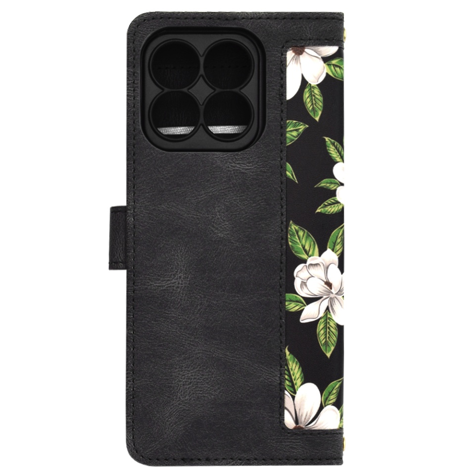 Husa pentru Honor X8b din Piele Ecologică cu Design Floral, Protecție 360°, Stand Integrat, Buzunare pentru Carduri, SKDR Floral Wallet - Negru - 2 | YEO