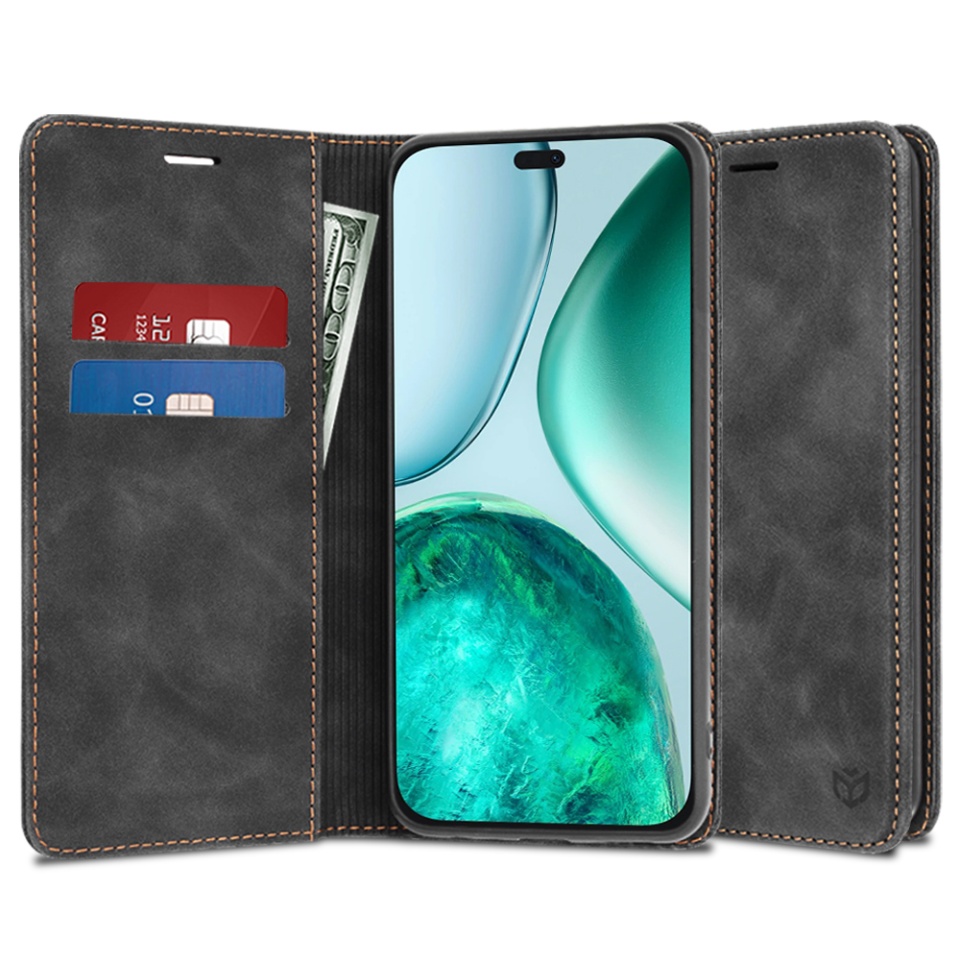 Husa pentru Honor X8c, SKYDDAR INNOVATION, Soft Wallet, tip Carte, din piele Eco Premium cu Portofel Interior, Negru, set cu sticker