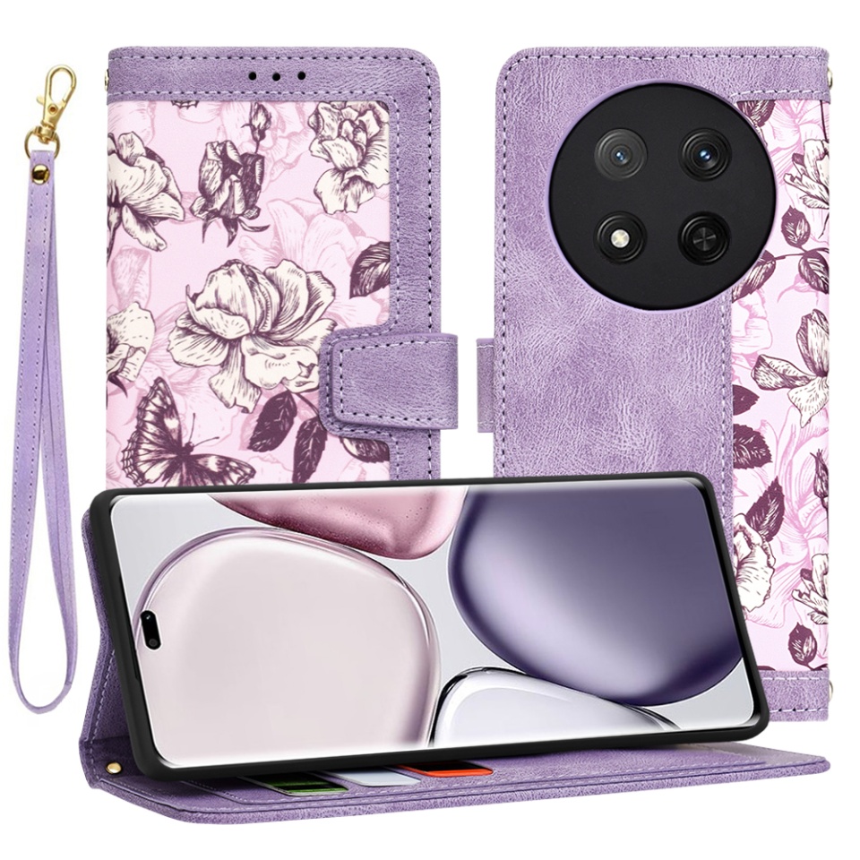 Husa pentru Honor X9c / Magic7 Lite din Piele Ecologică cu Design Floral, Protecție 360°, Stand Integrat, Buzunare pentru Carduri, SKDR Floral Wallet - Mov