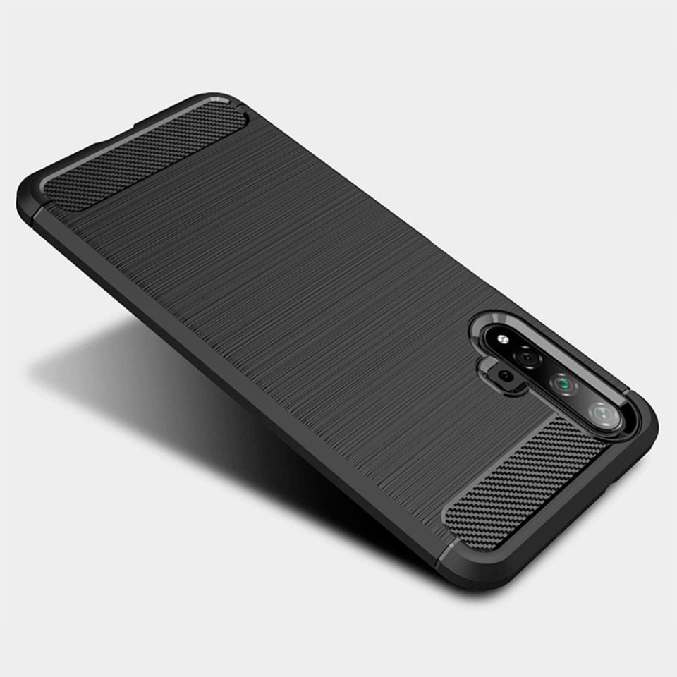 Husa pentru Huawei Nova 5T / Honor 20, SKYDDAR INNOVATION, Carbon Silicone, din Silicon Slim, cu textura Fibra Carbon, set cu sticker, Negru - 3 | YEO