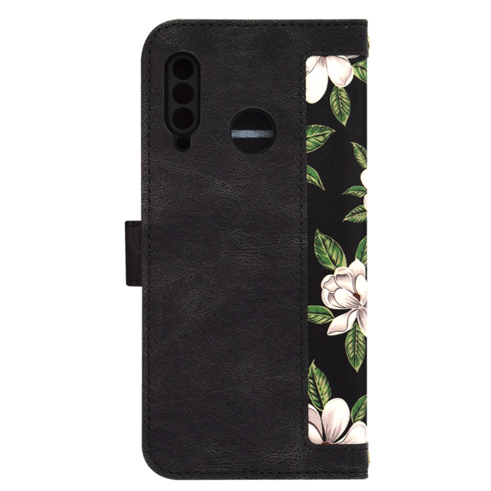 Husa pentru Huawei P30 Lite / P30 Lite New Edition din Piele Ecologică cu Design Floral, Protecție 360°, Stand Integrat, Buzunare pentru Carduri, SKDR Floral Wallet - Negru - 2 | YEO
