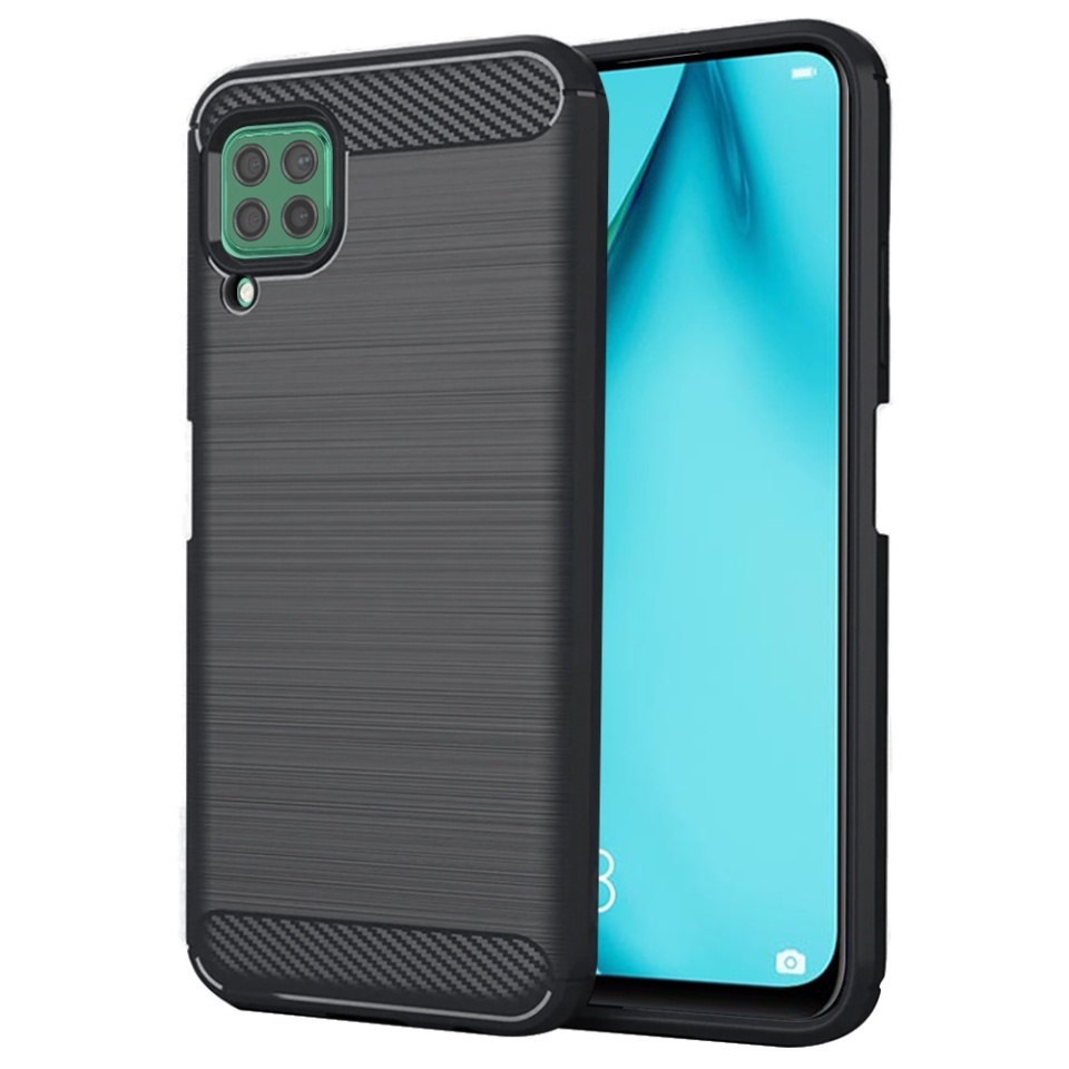 Husa pentru Huawei P40 Lite, SKYDDAR INNOVATION, Carbon Silicone, din Silicon Slim, cu textura Fibra Carbon, set cu sticker, Negru