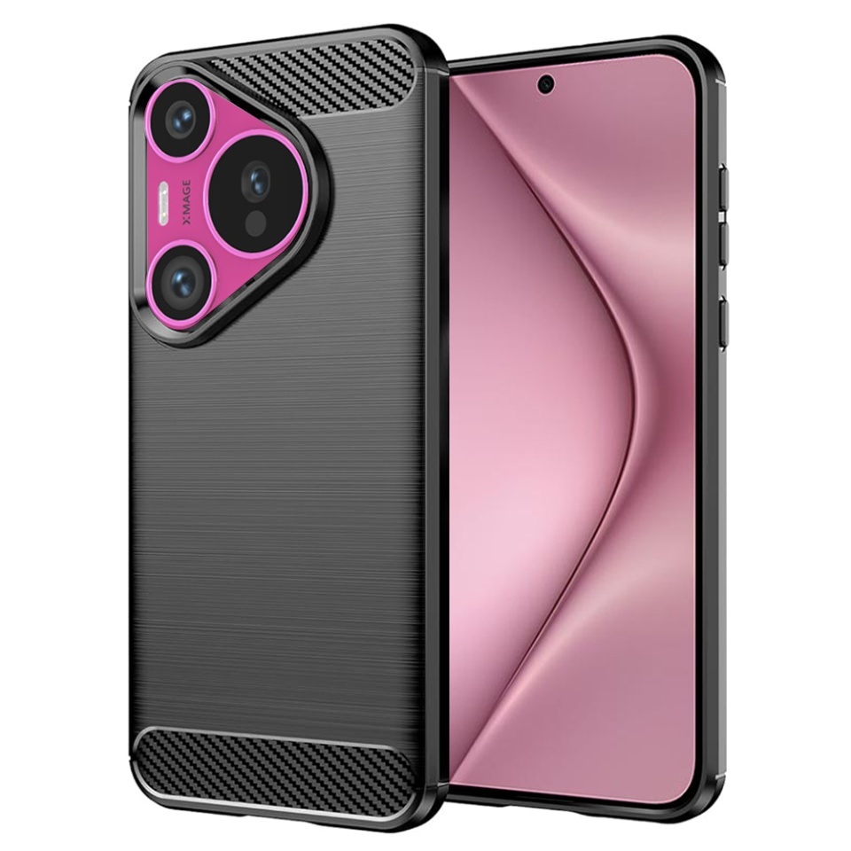 Husa pentru Huawei Pura 70, SKYDDAR INNOVATION, Carbon Silicone, din Silicon Slim, cu textura Fibra Carbon, set cu sticker, Negru