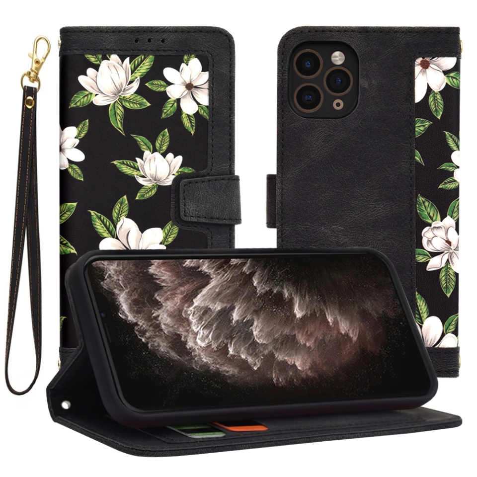 Husa pentru iPhone 11 Pro din Piele Ecologică cu Design Floral, Protecție 360°, Stand Integrat, Buzunare pentru Carduri, SKDR Floral Wallet - Negru
