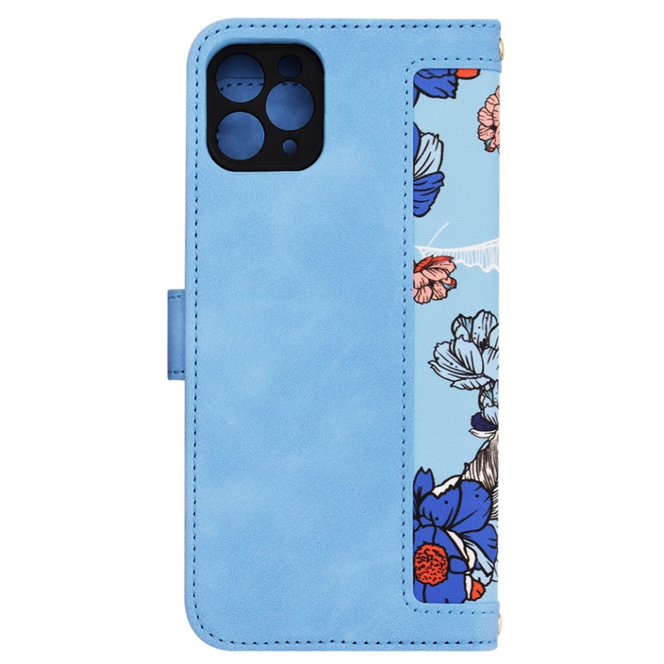 Husa pentru iPhone 11 Pro Max din Piele Ecologică cu Design Floral, Protecție 360°, Stand Integrat, Buzunare pentru Carduri, SKDR Floral Wallet - Bleu - 2 | YEO