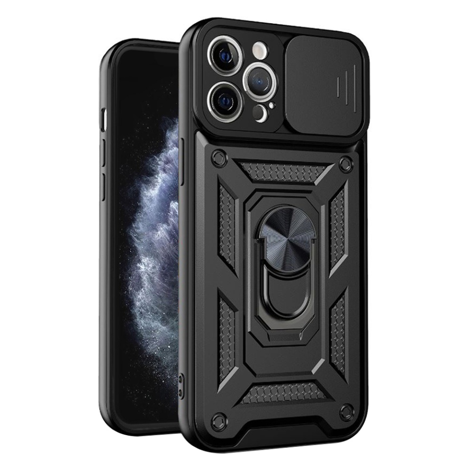 Husa pentru iPhone 11 Pro, SKYDDAR INNOVATION, CamShield, Inel magnetic, set cu sticker, Negru