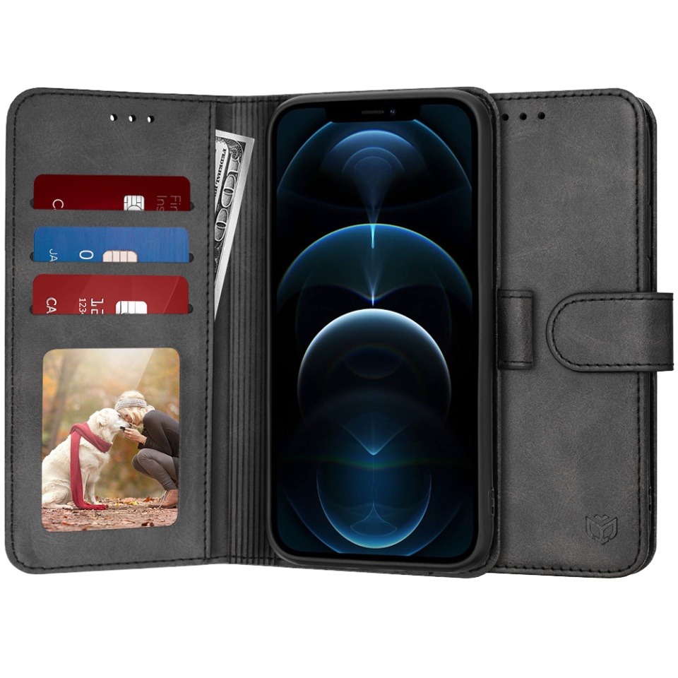 Husa pentru iPhone 12 Pro Max, SKYDDAR INNOVATION, Diary Book, tip carte, cu Portofel Interior, Antisoc, Negru, set cu sticker