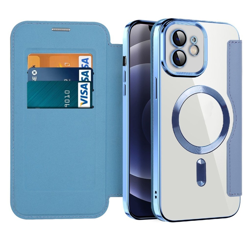 Husa pentru iPhone 12 tip carte, SKYDDAR INOVATION, SmartMag Book, Magsafe, RFiD, Suport Carduri, set cu sticker, Bleu