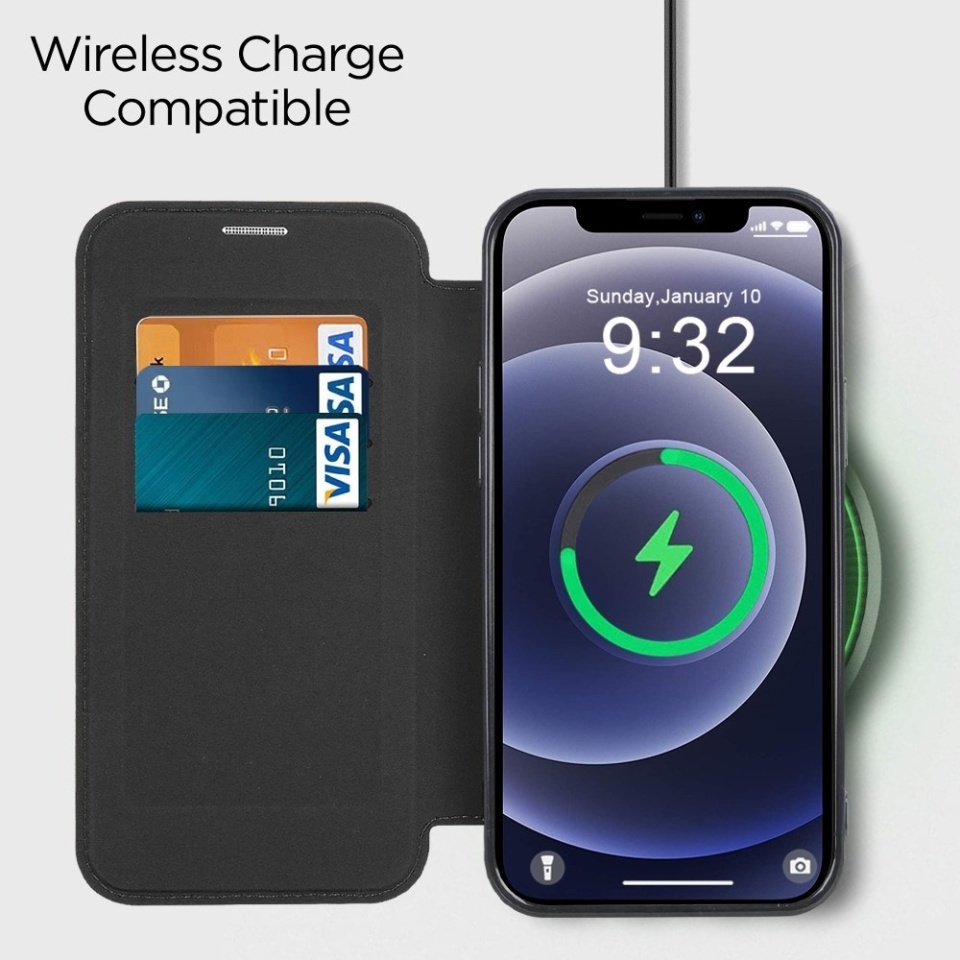 Husa pentru iPhone 12 tip carte, SKYDDAR INOVATION, SmartMag Book, Magsafe, RFiD, Suport Carduri, set cu sticker, Albastru - 5