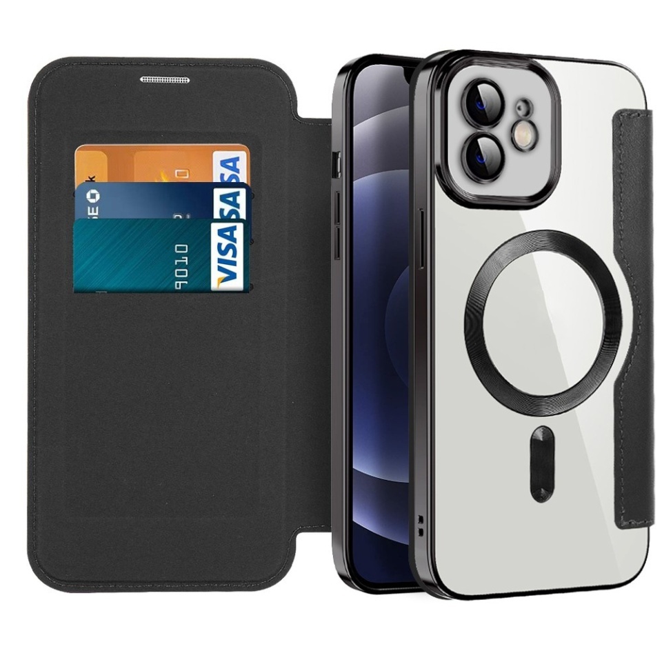 Husa pentru iPhone 12 tip carte, SKYDDAR INOVATION, SmartMag Book, Magsafe, RFiD, Suport Carduri, set cu sticker, Negru