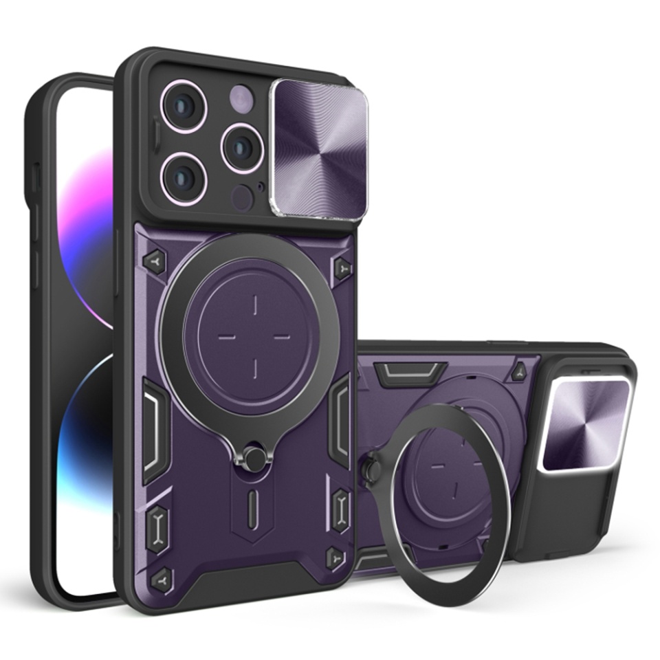Husa pentru iPhone 13 Pro, cu inel magnetic si suport ajustabil, protecție completa camera, SKDR SafeCover - Mov