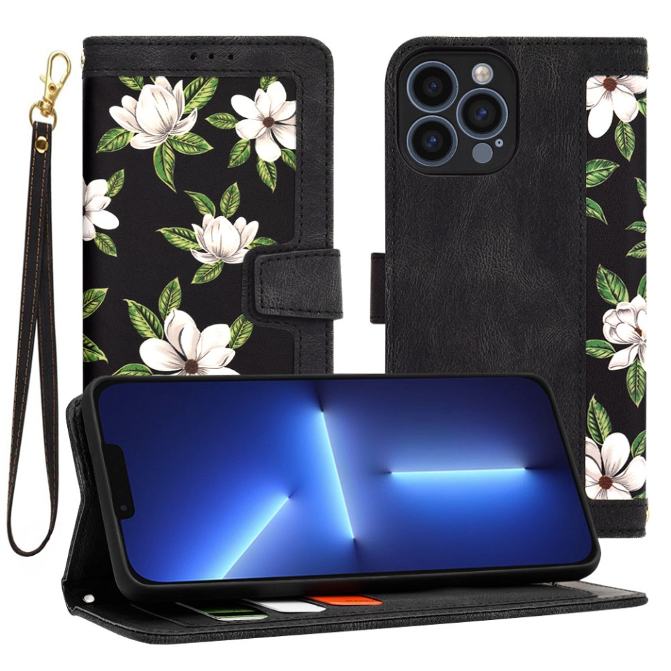 Husa pentru iPhone 13 Pro Max din Piele Ecologică cu Design Floral, Protecție 360°, Stand Integrat, Buzunare pentru Carduri, SKDR Floral Wallet - Negru