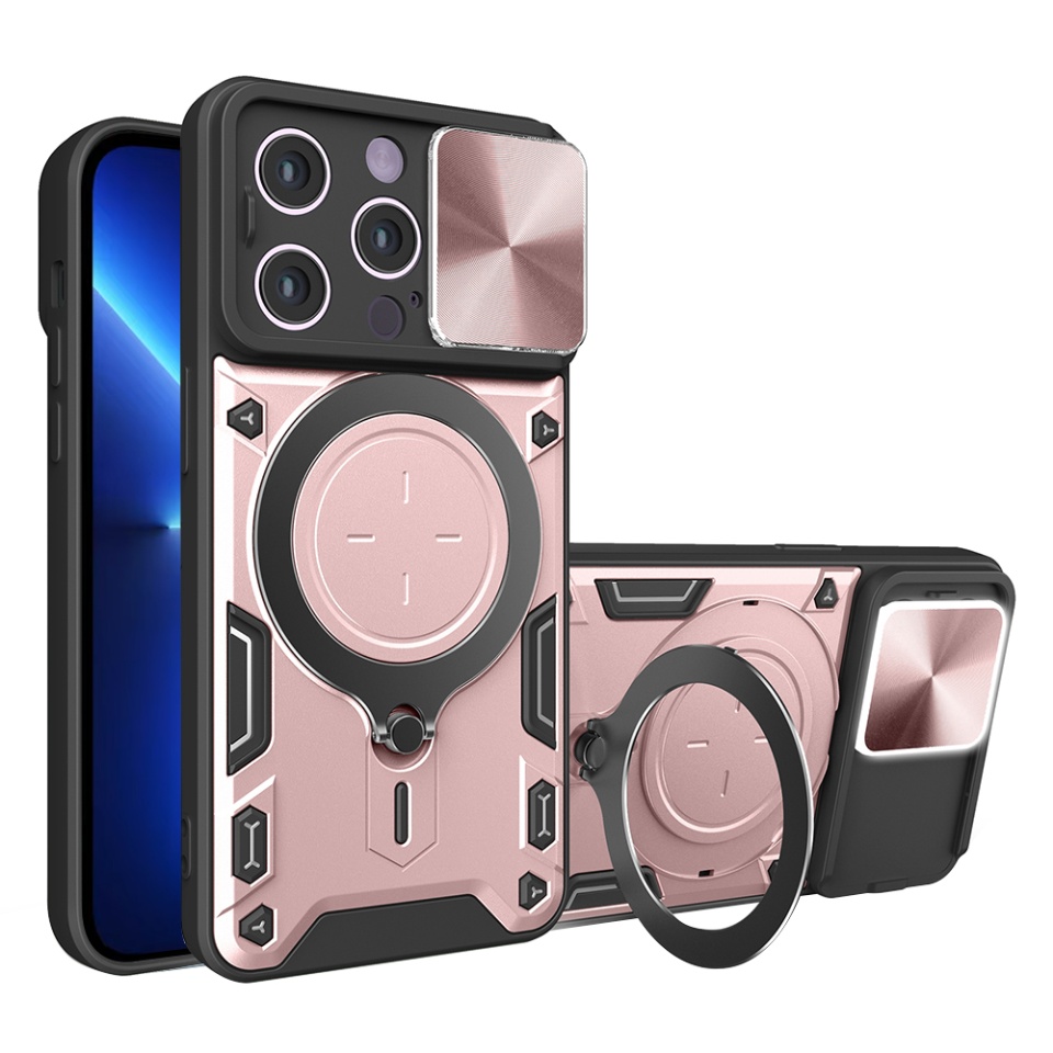 Husa pentru iPhone 13 Pro Max, SKYDDAR INNOVATION, CamGuard Pro, Inel Magnetic, Protectie Camera, Roz auriu, set cu sticker