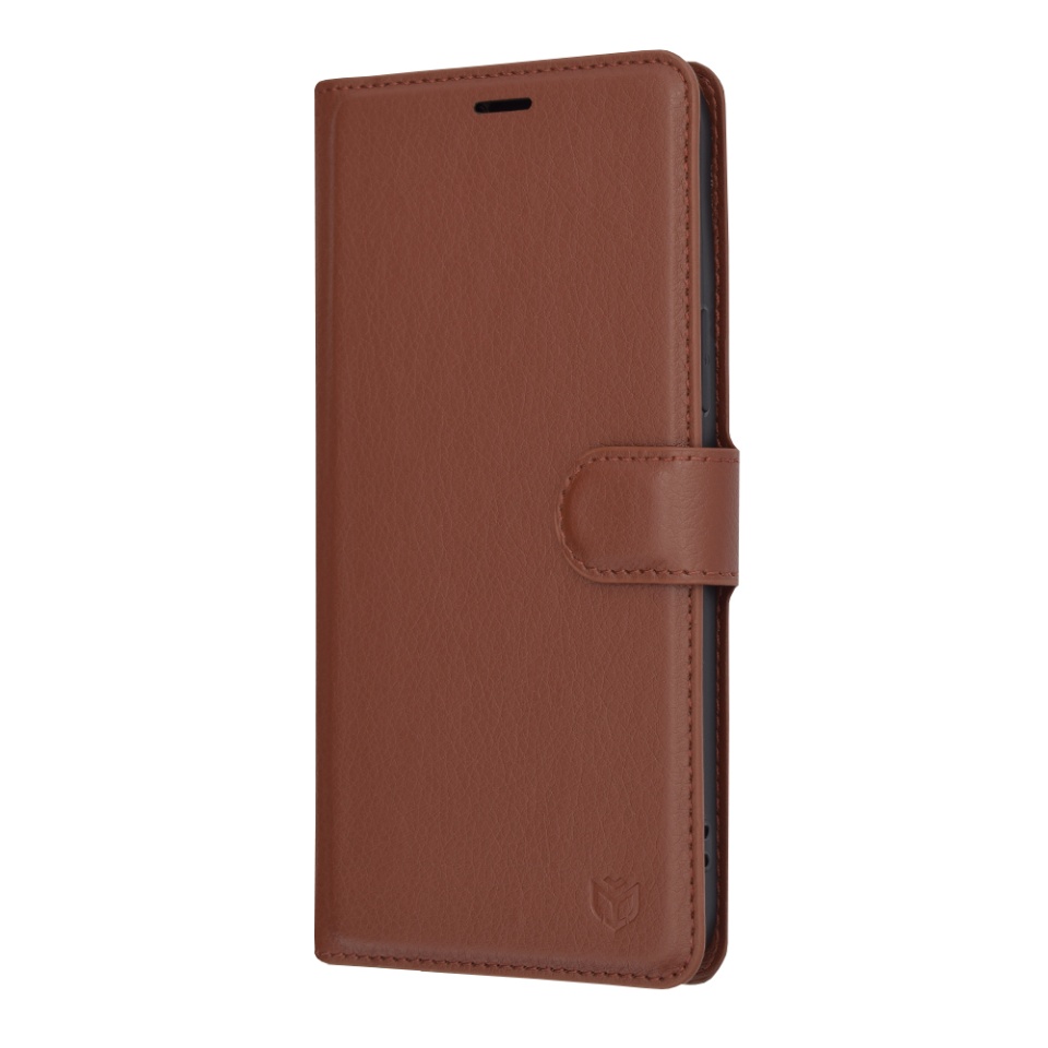 Husa pentru iPhone 13 Pro Max, SKYDDAR INNOVATION, Leather Folio, tip Carte, cu Portofel Interior, Finisaje Premium, Maro, set cu sticker - 3 | YEO