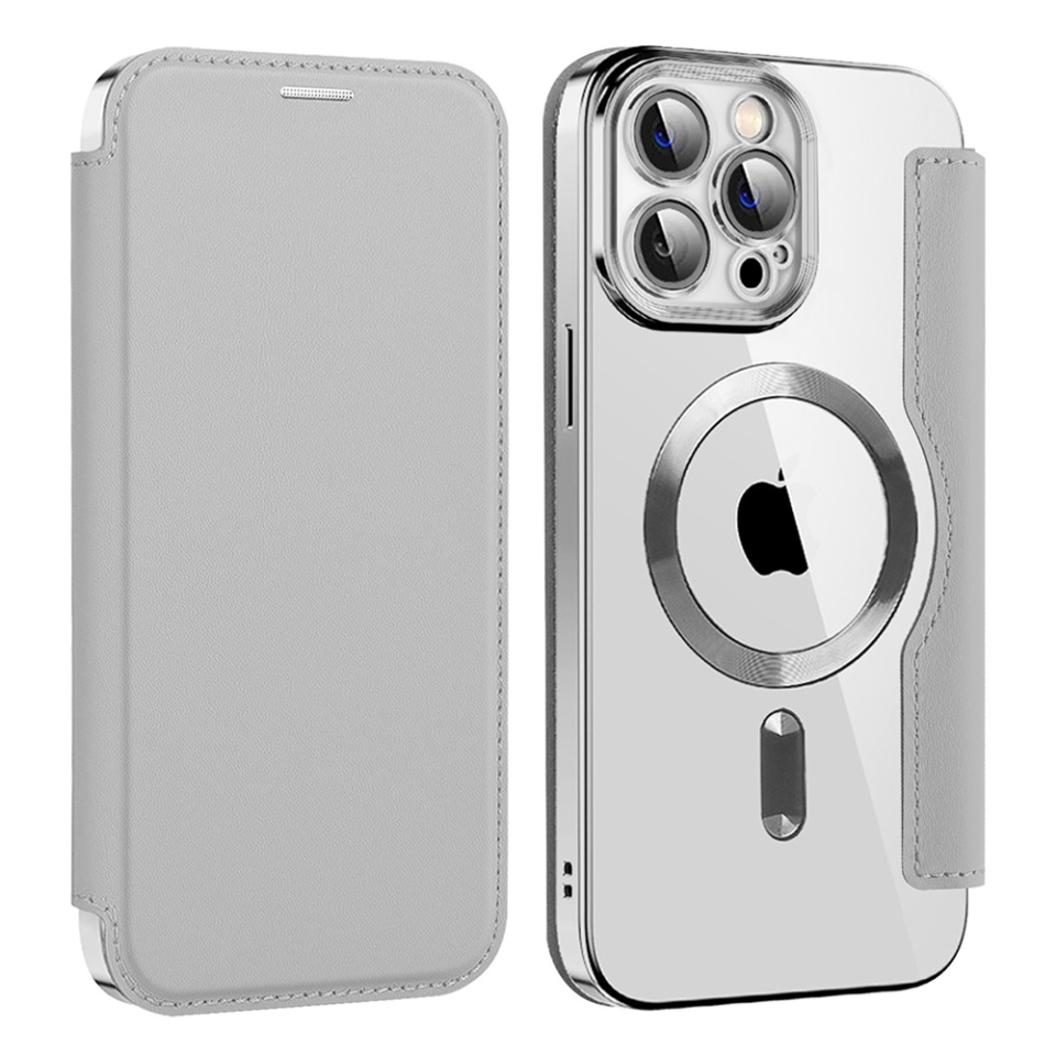 Husa pentru iPhone 13 Pro Max tip carte, SKYDDAR INOVATION, SmartMag Book, Magsafe, RFiD, Suport Carduri, set cu sticker, Gri - 1 | YEO