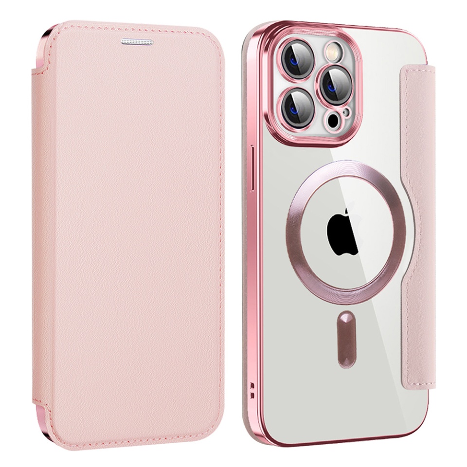 Husa pentru iPhone 13 Pro Max tip carte, SKYDDAR INOVATION, SmartMag Book, Magsafe, RFiD, Suport Carduri, set cu sticker, Roz - 1 | YEO